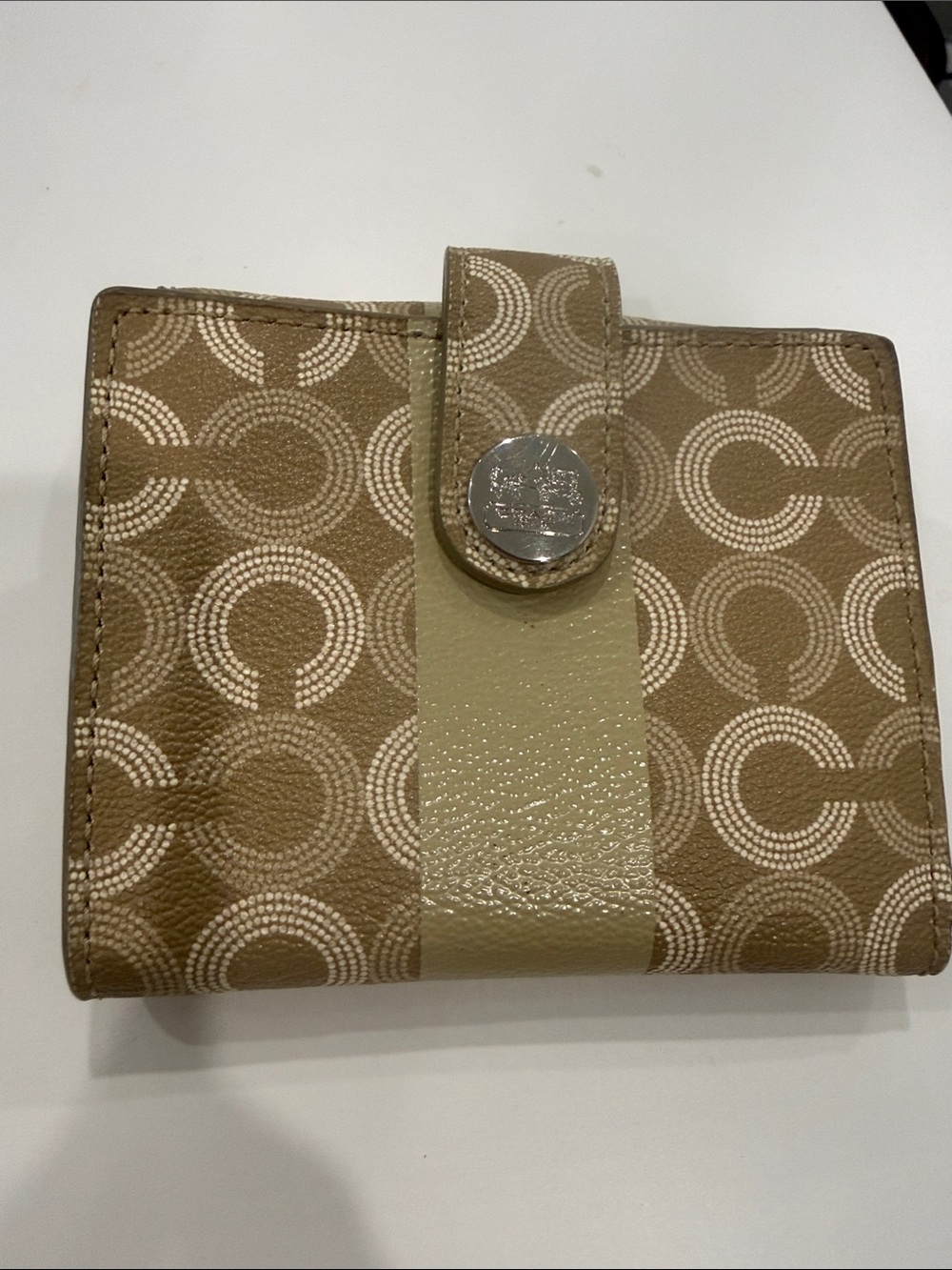 Coach Tan Circle-Print Bifold Wallet with Gloss Stripe
